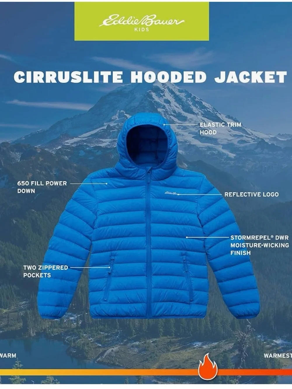 Eddie Bauer Kids Bright Blue Down Cirruslite Hooded Puffer Jacket